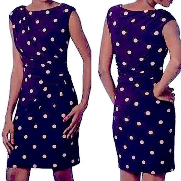 Lauren Ralph Lauren midi dress white, blue polkadot bodycon sleeveless sz. 4 - Picture 2 of 15